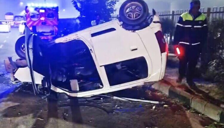 A car overturned after hitting a divider on the Delhi-Mathura highway; the driver fled before NHAI officials arrived.