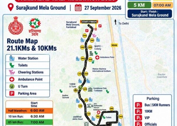 In view of the Faridabad Half Marathon 2026, special traffic arrangements will be in place on September 27; vehicular movement will be restricted on several routes from 3:00 AM to 11:00 AM.